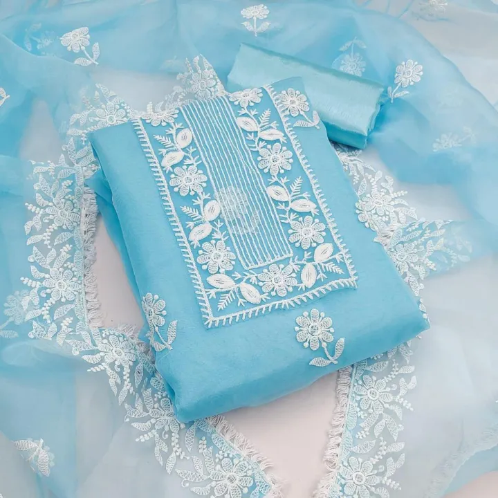 Indian Unstitched Organza Tissu Shalwar Kamiz Four Piece Party Dress For Women (4 Piece)